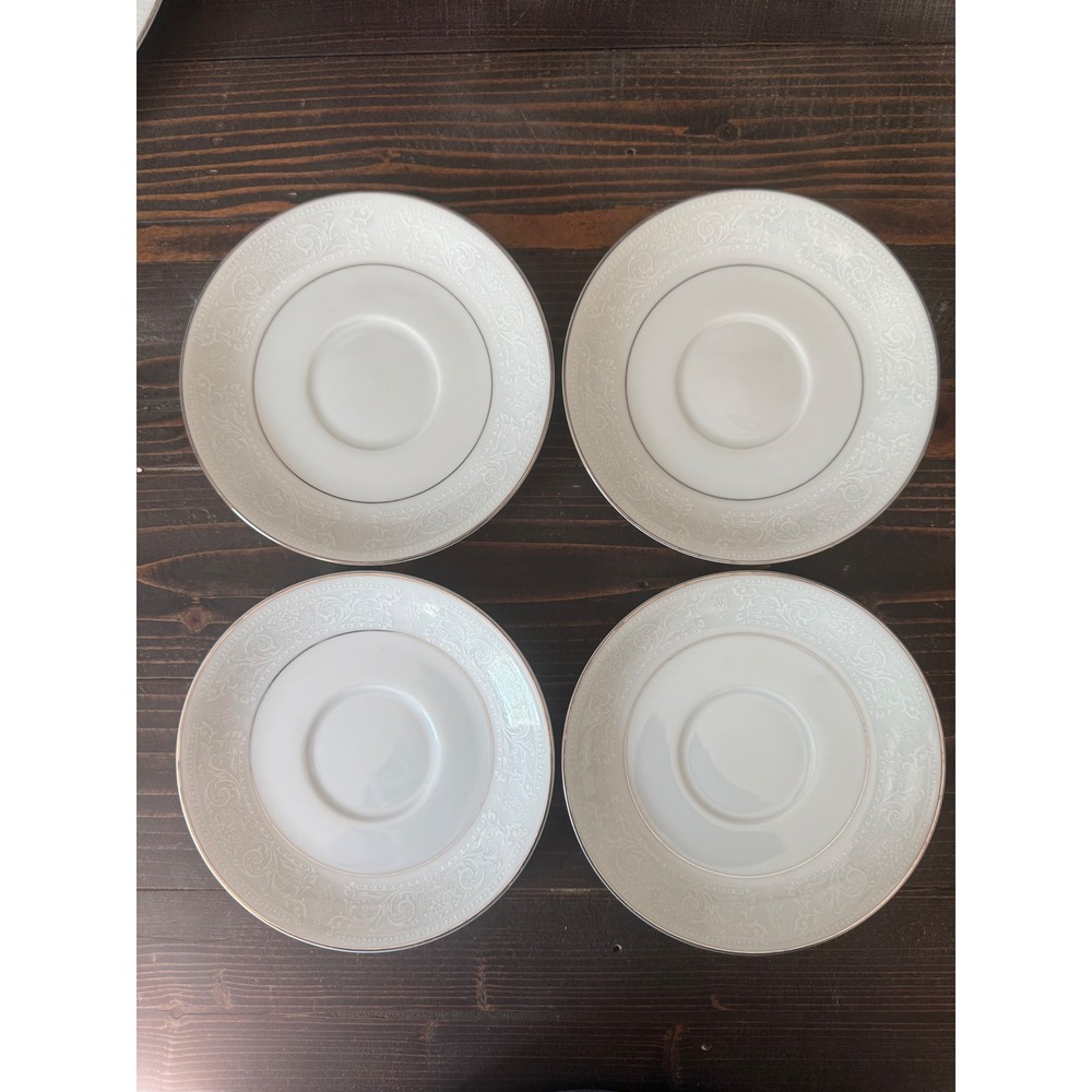 Salem China Co Translucent Fine China Tea Cup Saucer Set White Silver Trim 8pc